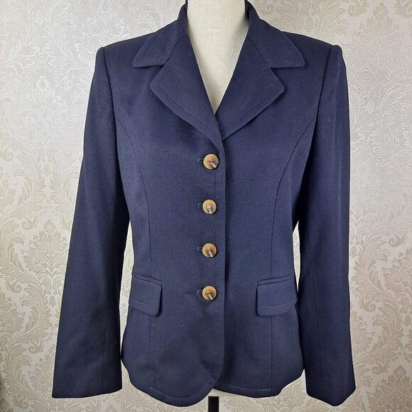 Talbots Petites Size 8P Navy Blue Blazer Wool 4 Button Front Closure Long Sleeve - Picture 1 of 13